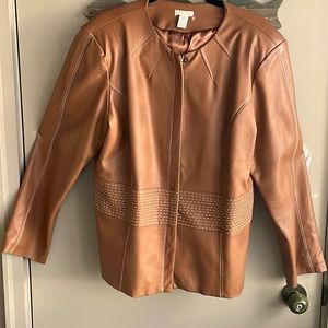 Chico’s size 2 faux leather jacket brown with white stitching detail-zip front.